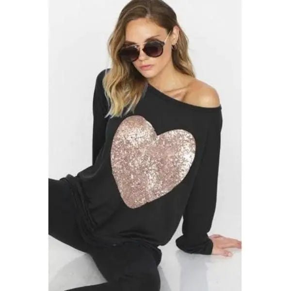 French terry wide neck top with big sequins - LECCE