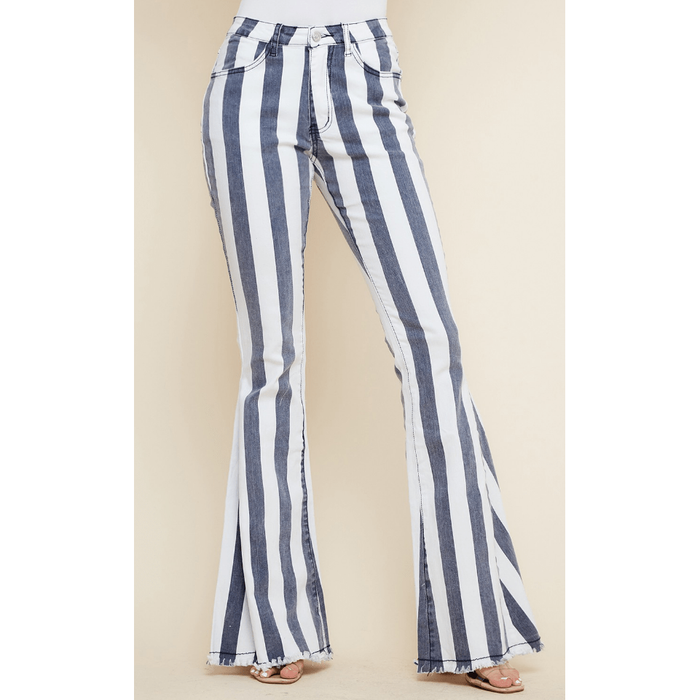 High waisted striped bell bottom jeans