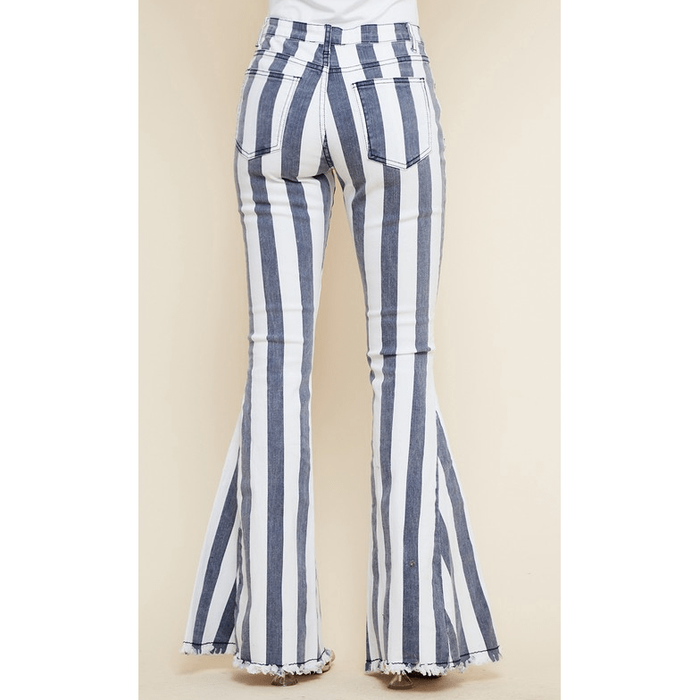 High waisted striped bell bottom jeans