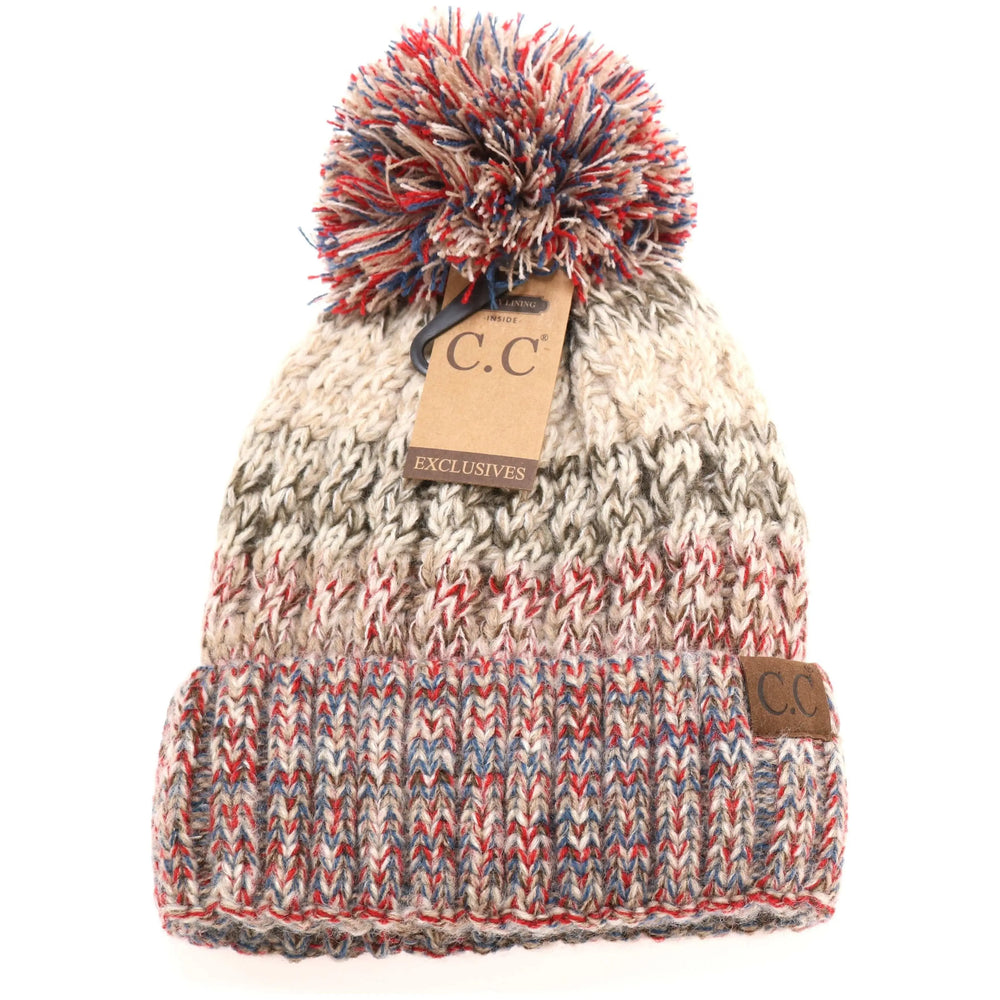 Fuzzy Lined Tri-Color Pom CC Beanie HAT1816 CC Brand