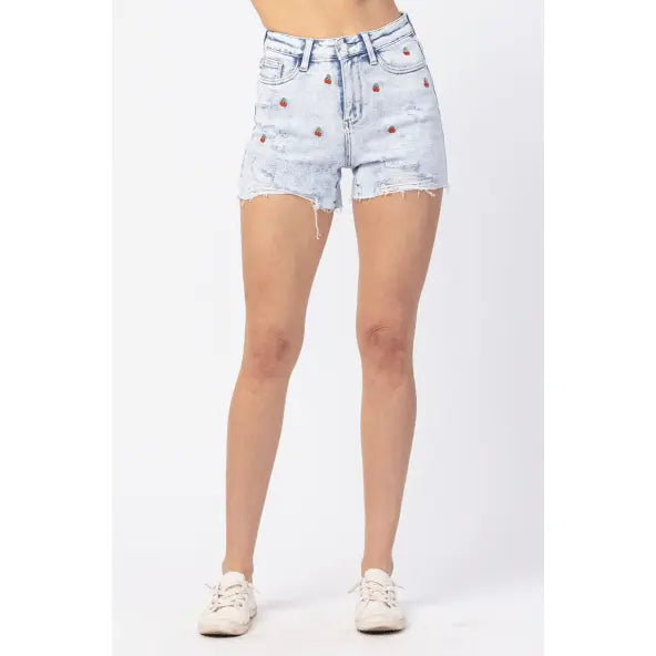 High waisted cherry embroidery acid wash shorts - LECCE