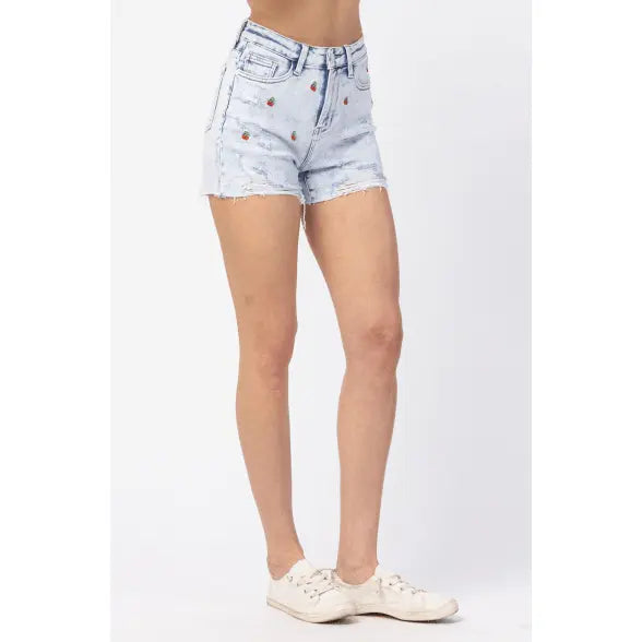 High waisted cherry embroidery acid wash shorts - LECCE