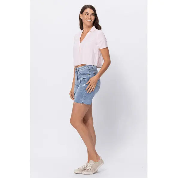 High waisted mid length denim patch shorts - LECCE