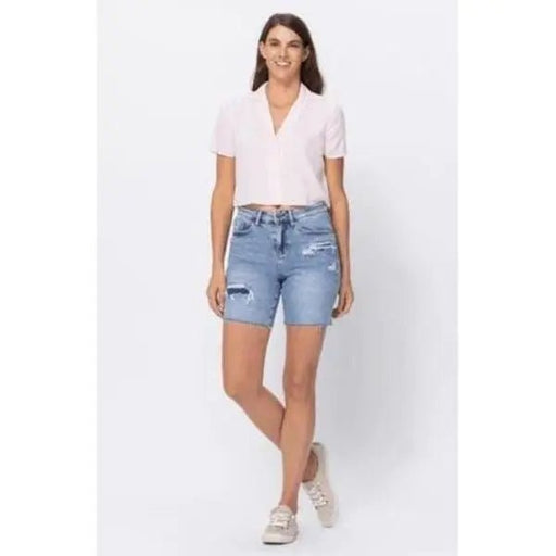 High waisted mid length denim patch shorts - LECCE