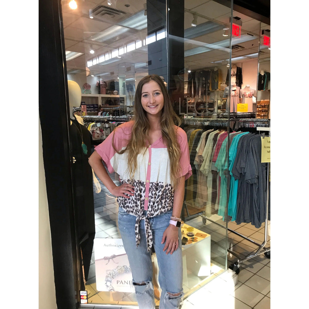 Leopard Color Block Top with Button and Knot LECCE