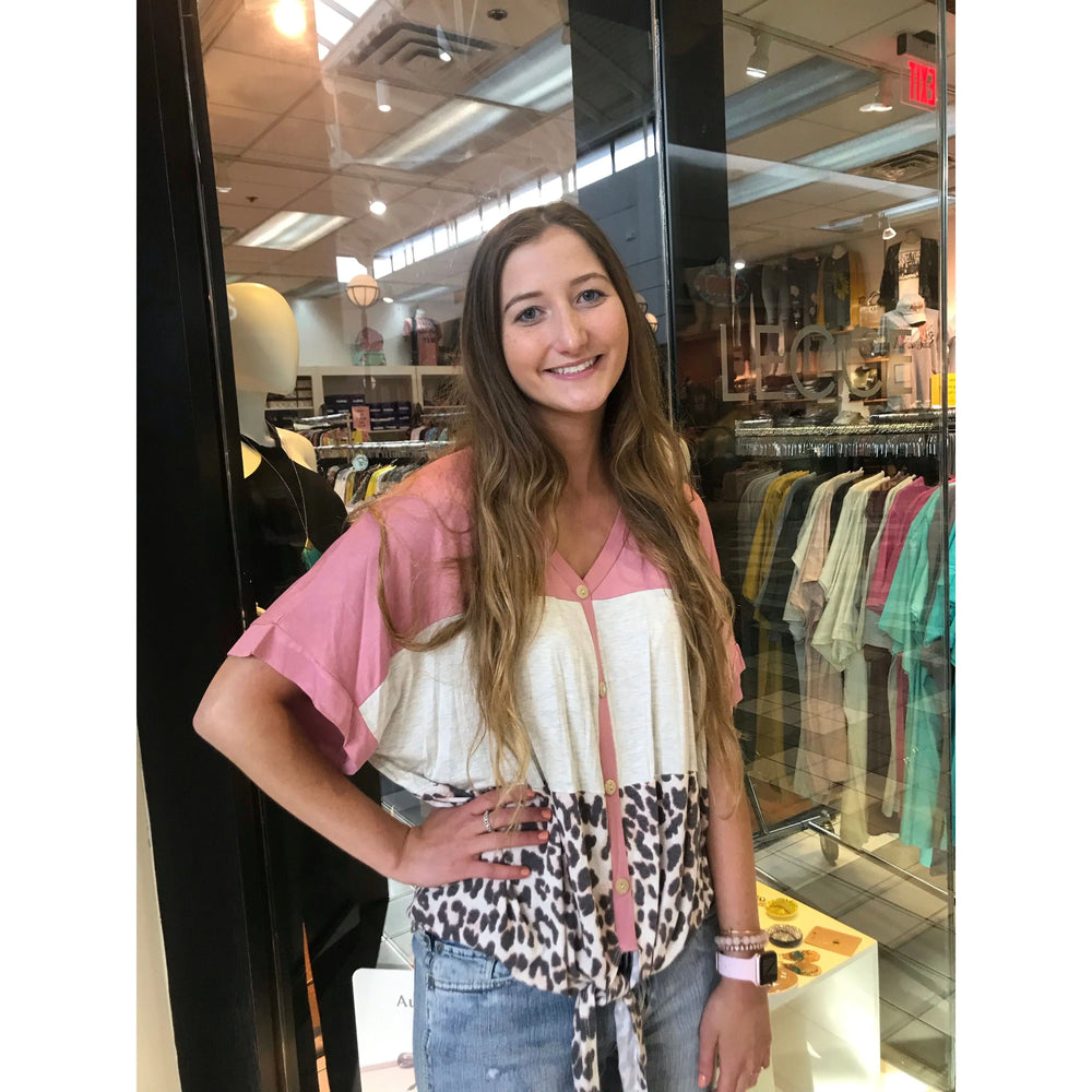 Leopard Color Block Top with Button and Knot LECCE