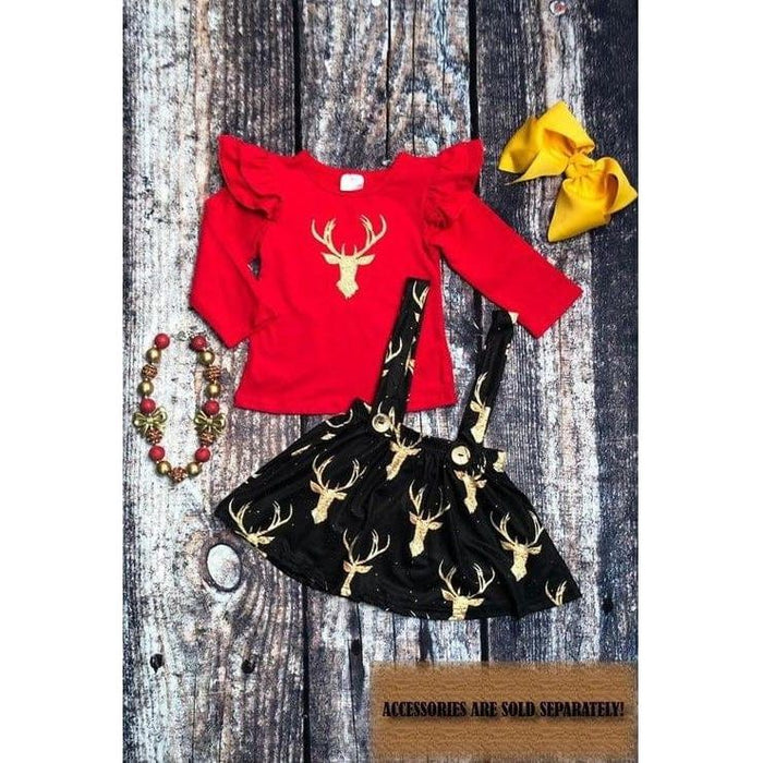 Red deer sparkly top w/ overall skirt