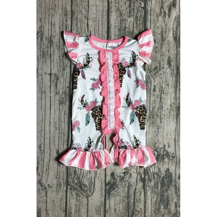 White Baby Romper With Head Cow Skull Print & Stripes
