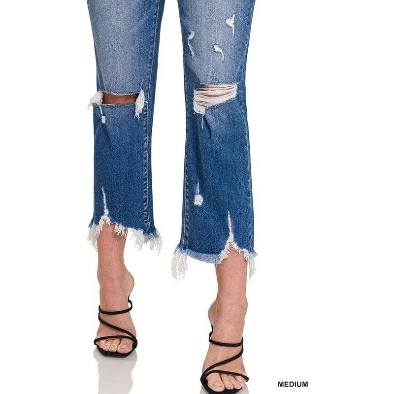 Mid - rise Distressed Bootcut Cropped Denim Pants - LECCE