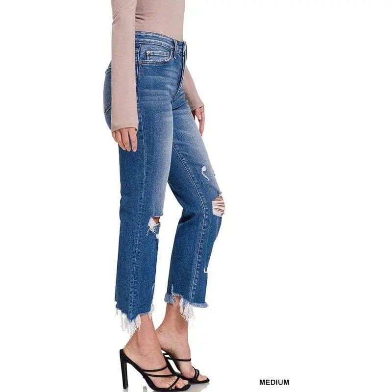 Mid - rise Distressed Bootcut Cropped Denim Pants - LECCE