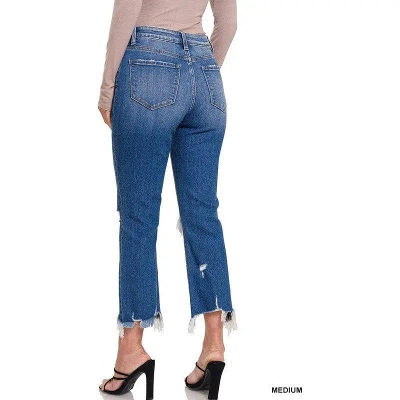 Mid - rise Distressed Bootcut Cropped Denim Pants - LECCE