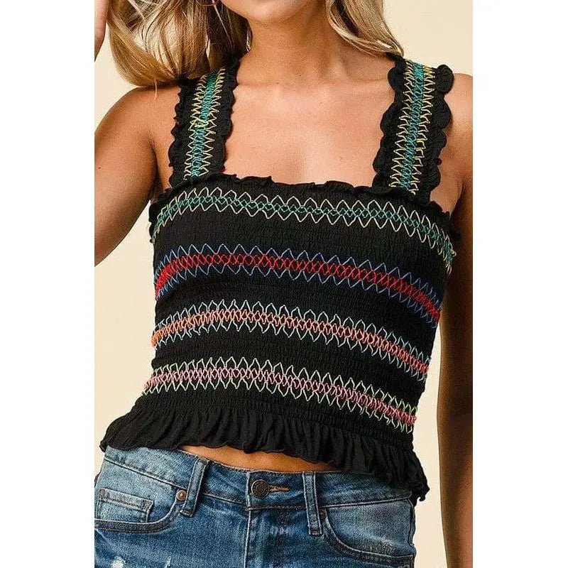 Multi color stitch all over smocking tank top - LECCE