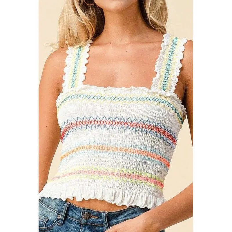 Multi color stitch all over smocking tank top - LECCE