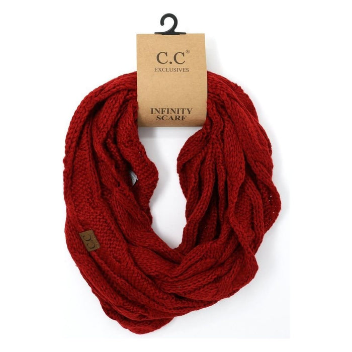 SOLID CABLE KNIT CC INFINITY SCARF RED