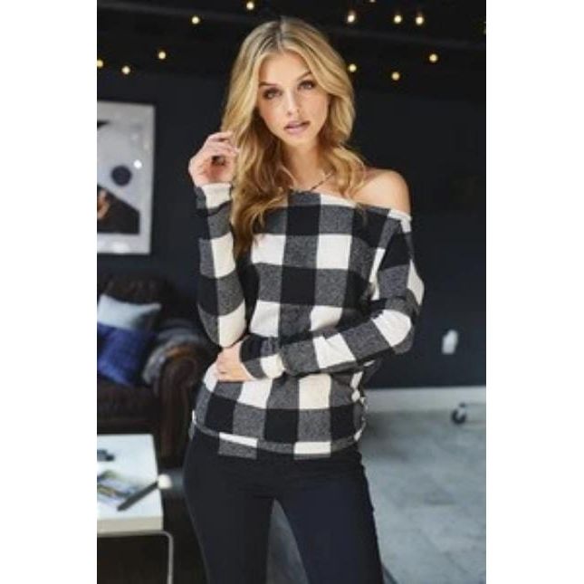 Black and White Plaid off the shoulder Top