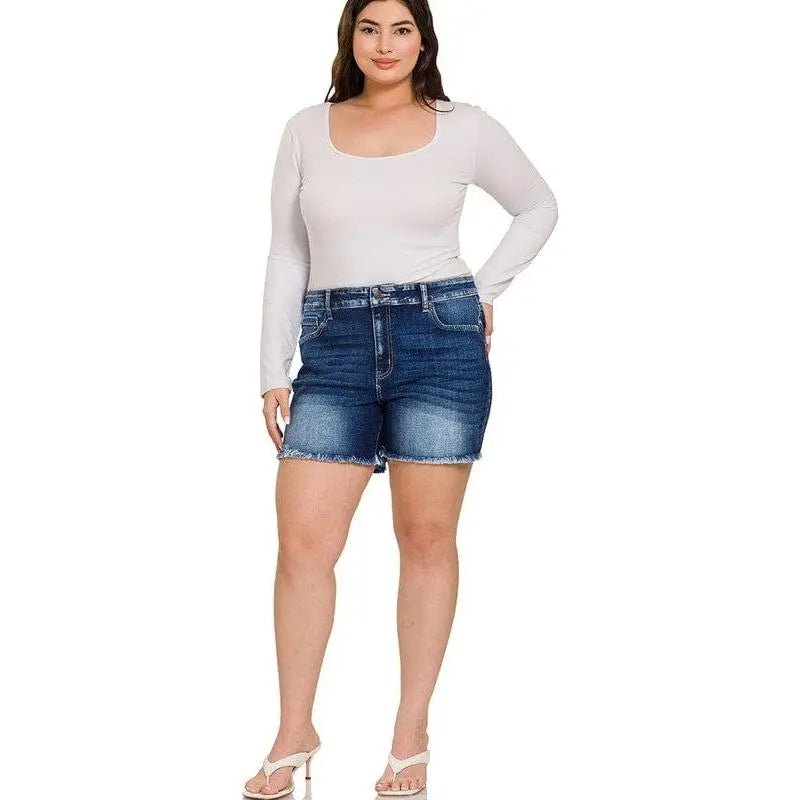Plus mid rise raw frayed hem denim shorts - LECCE