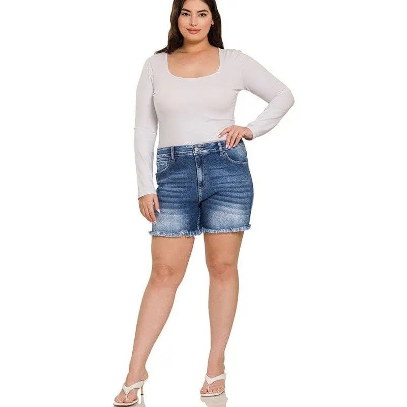 Plus mid rise raw frayed hem denim shorts - LECCE
