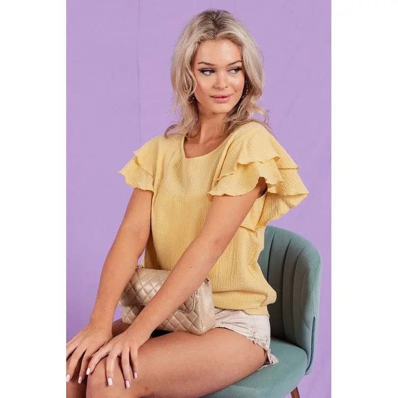 Ruffle sleeve wrinkled cotton gauze top - LECCE