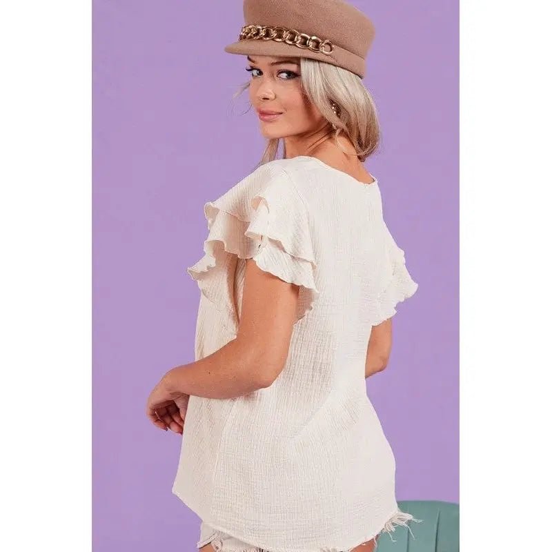 Ruffle sleeve wrinkled cotton gauze top - LECCE