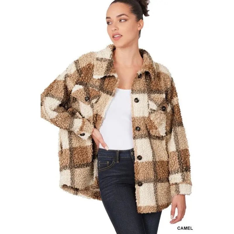 Sherpa Plaid Shacket With Pockets - LECCE