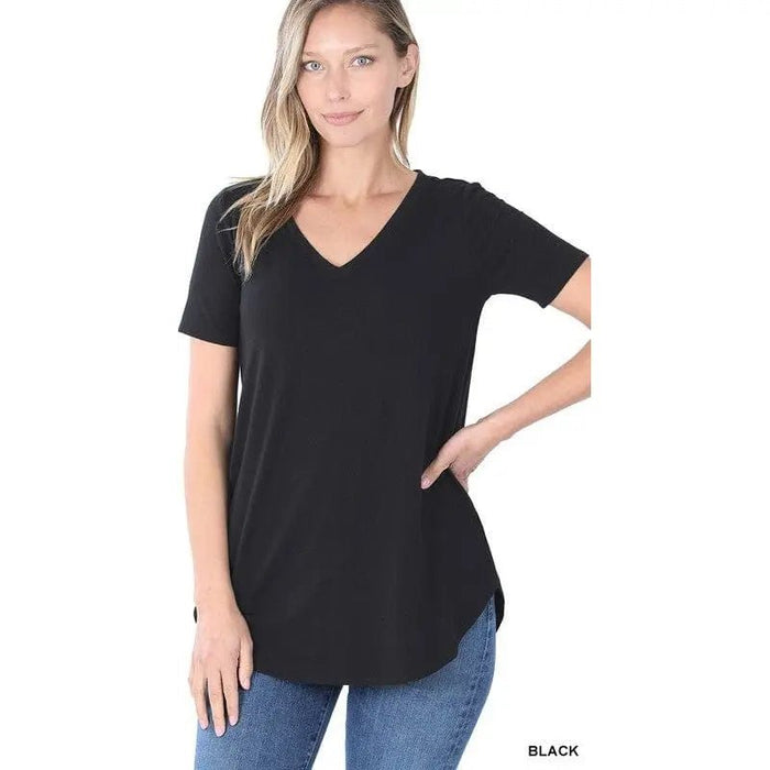 Short sleeve v - neck round hem top - LECCE