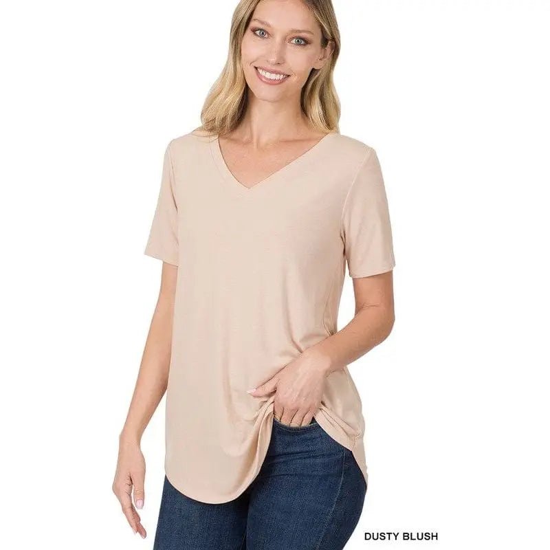 Short sleeve v - neck round hem top - LECCE