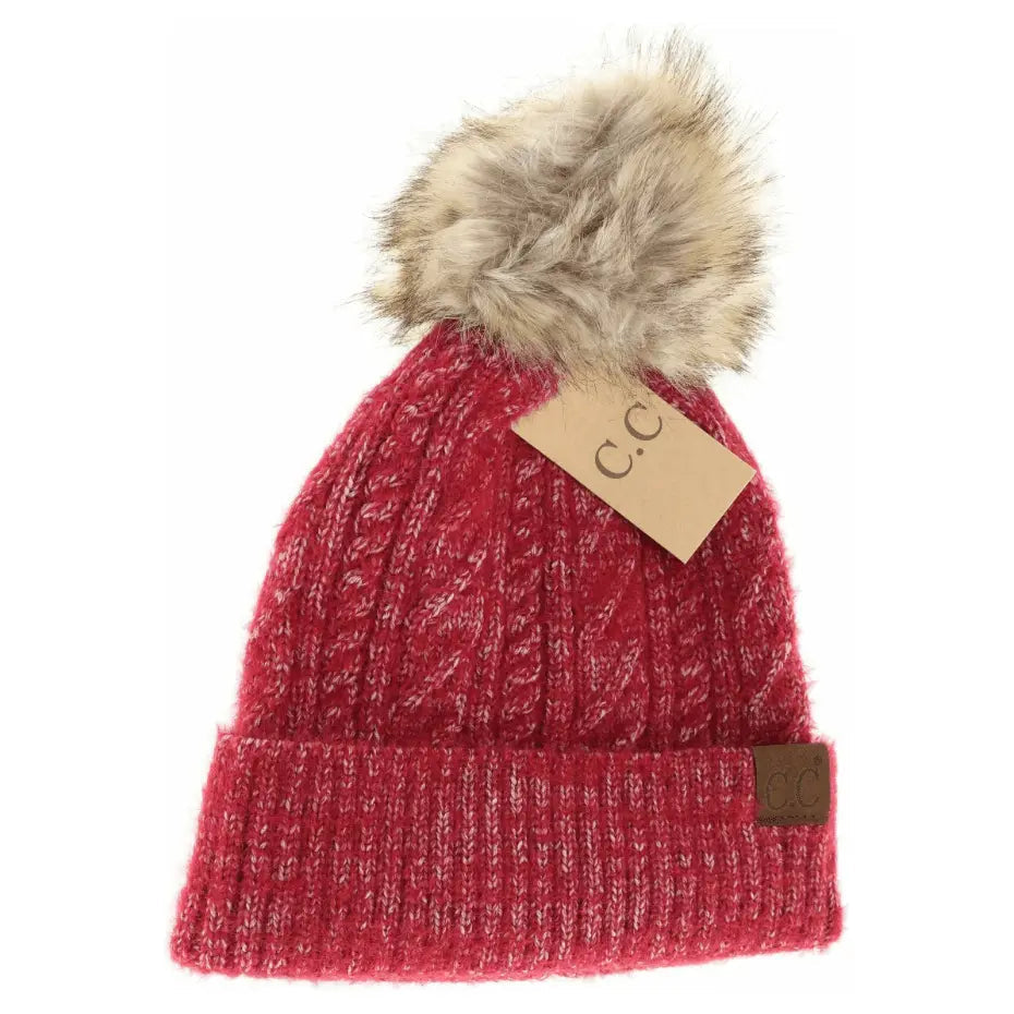 Soft Cuff Cable Knit Fur Pom C.C Beanie - LECCE