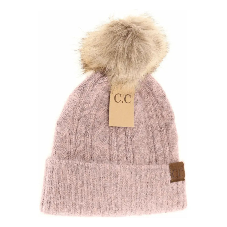 Soft Cuff Cable Knit Fur Pom C.C Beanie - LECCE