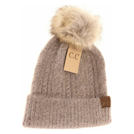 Soft Cuff Cable Knit Fur Pom C.C Beanie - LECCE