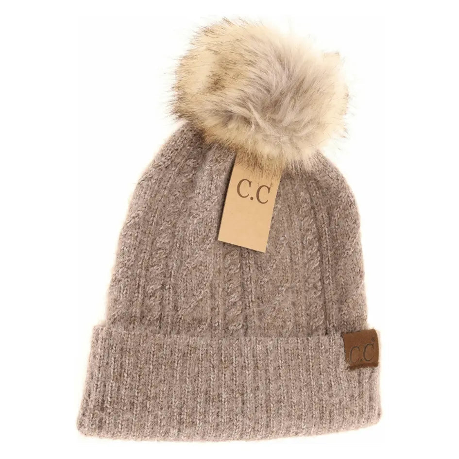 Soft Cuff Cable Knit Fur Pom C.C Beanie - LECCE