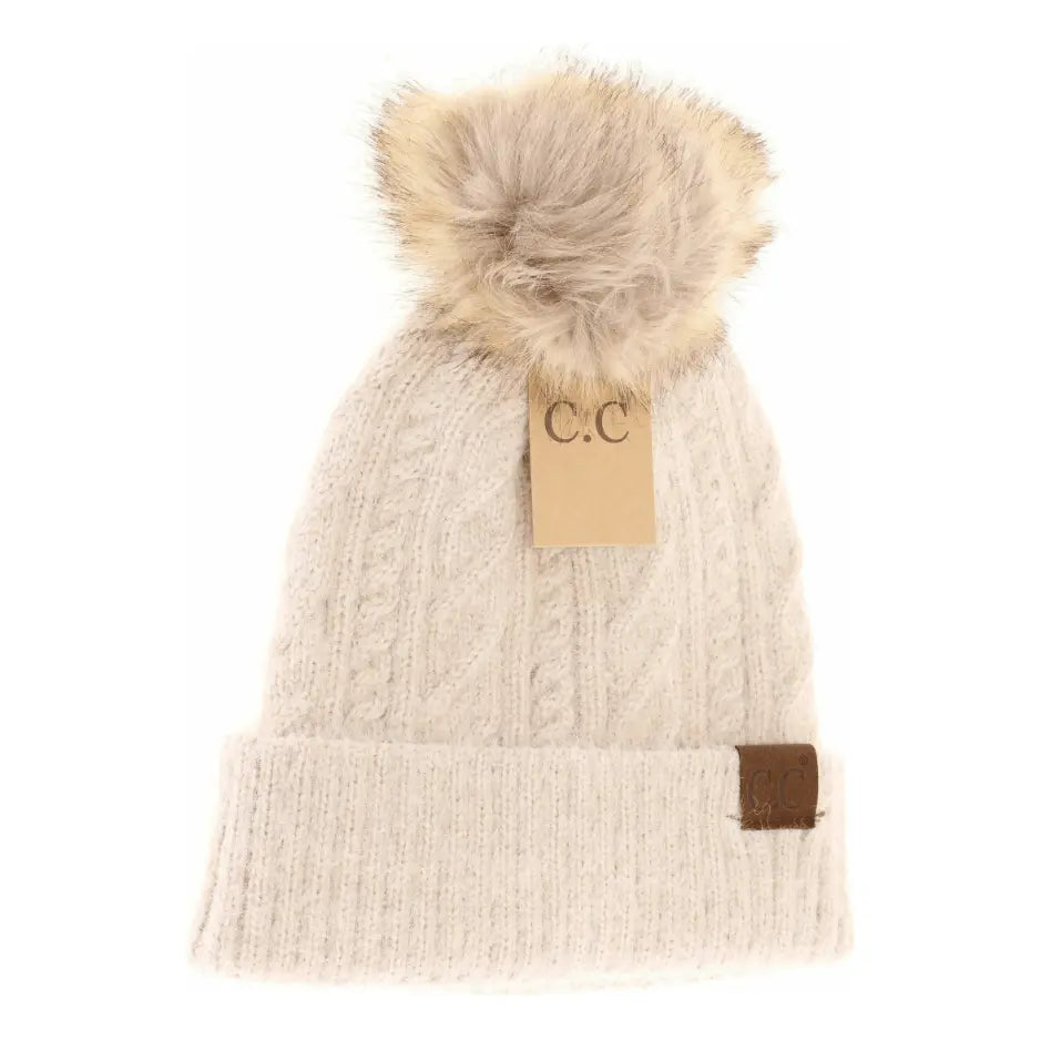 Soft Cuff Cable Knit Fur Pom C.C Beanie - LECCE