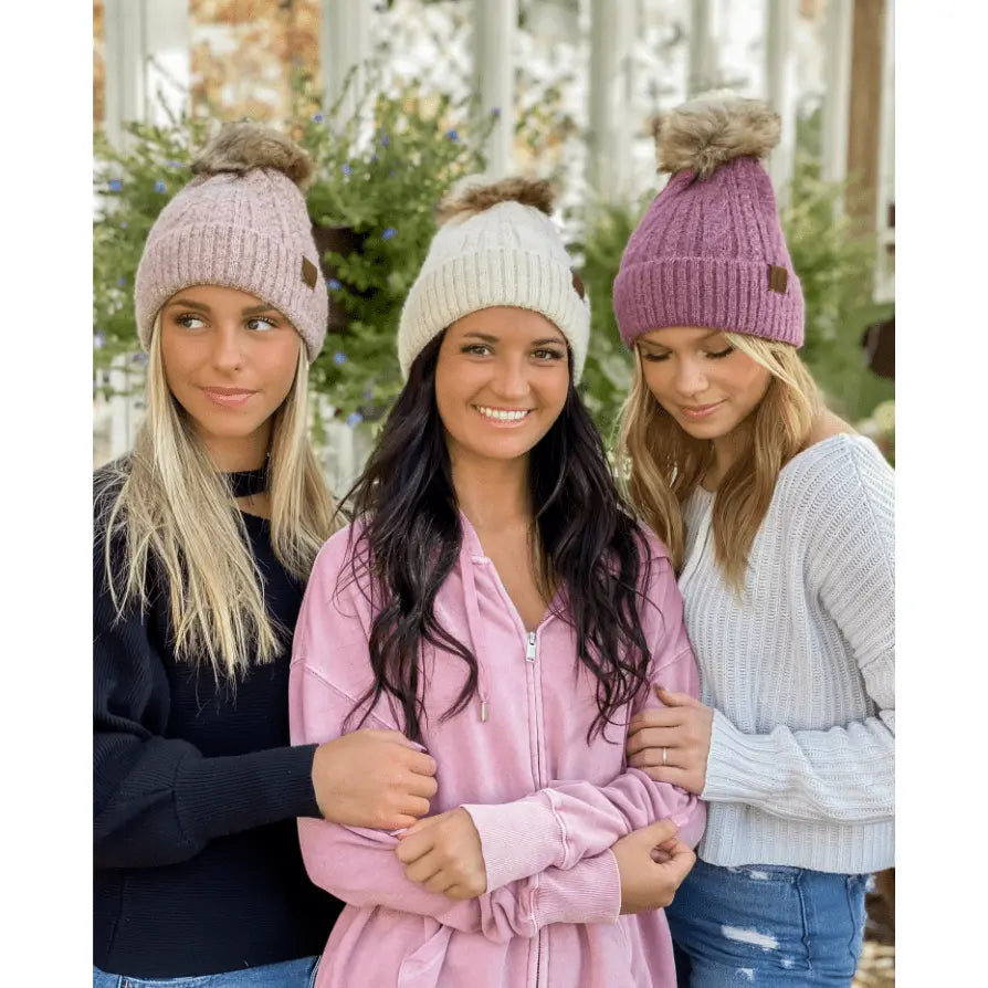 Soft Cuff Cable Knit Fur Pom C.C Beanie - LECCE