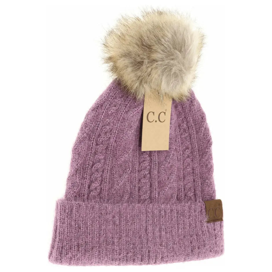 Soft Cuff Cable Knit Fur Pom C.C Beanie - LECCE