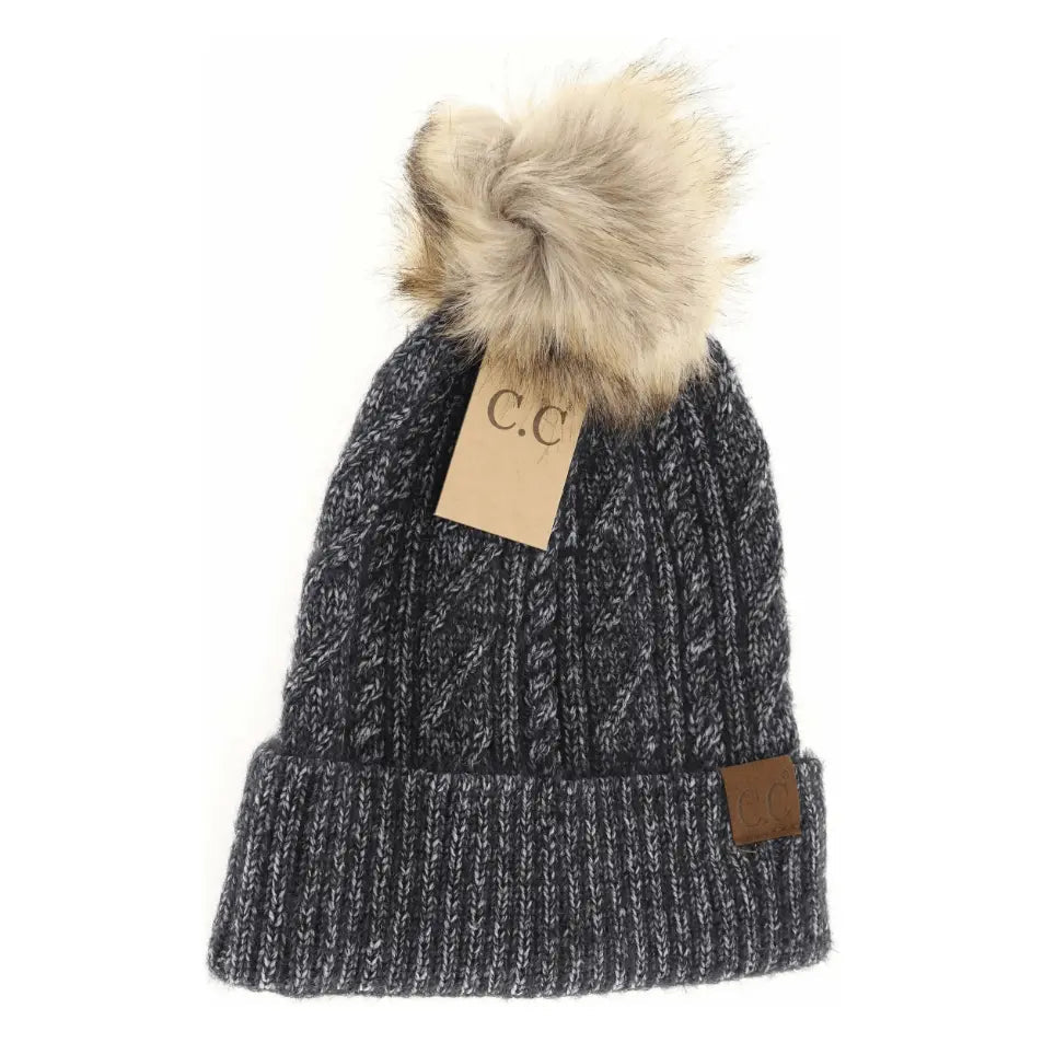 Soft Cuff Cable Knit Fur Pom C.C Beanie - LECCE