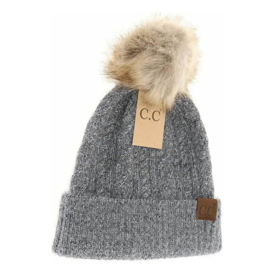 Soft Cuff Cable Knit Fur Pom C.C Beanie - LECCE