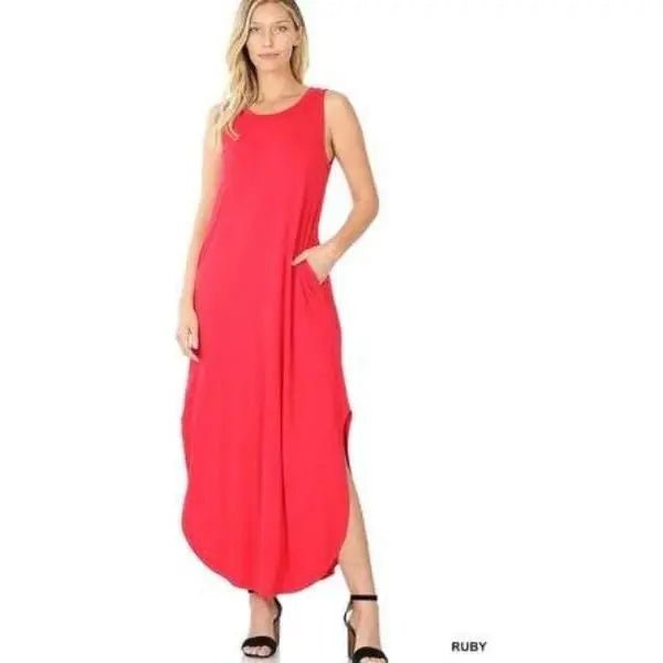 Viscose sleeveless maxi dress side slits pockets - LECCE