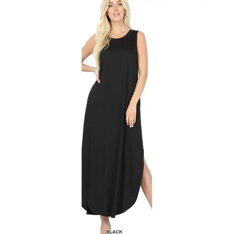 Viscose sleeveless maxi dress side slits pockets - LECCE