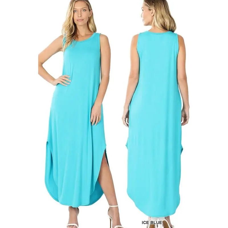 Viscose sleeveless maxi dress side slits pockets - LECCE