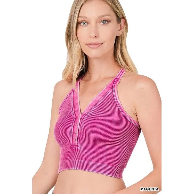 Washed Ribbed Cropped Button V - neck Tank Top - LECCE