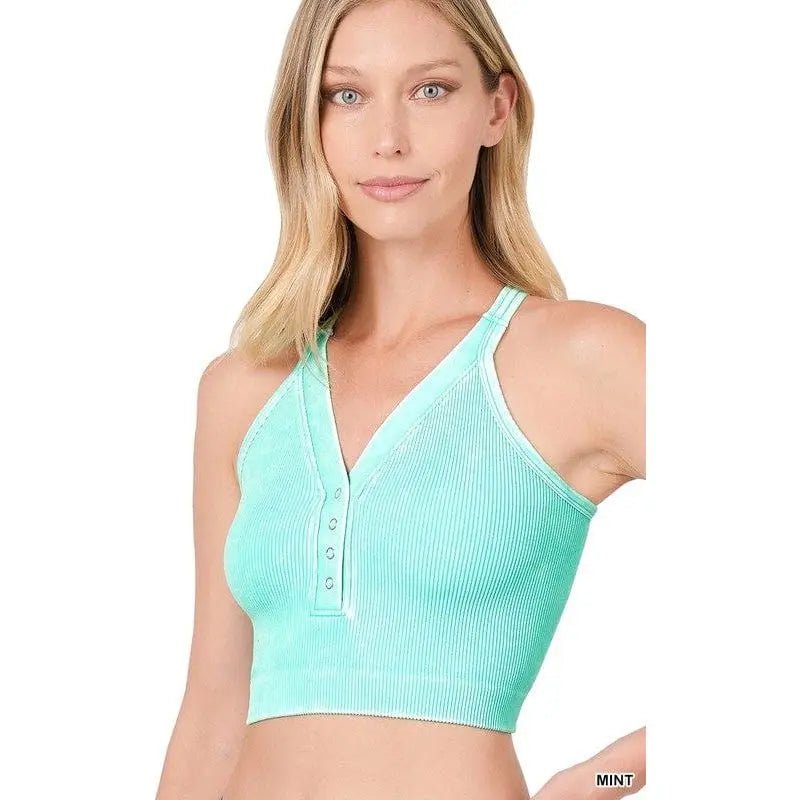 Washed Ribbed Cropped Button V - neck Tank Top - LECCE