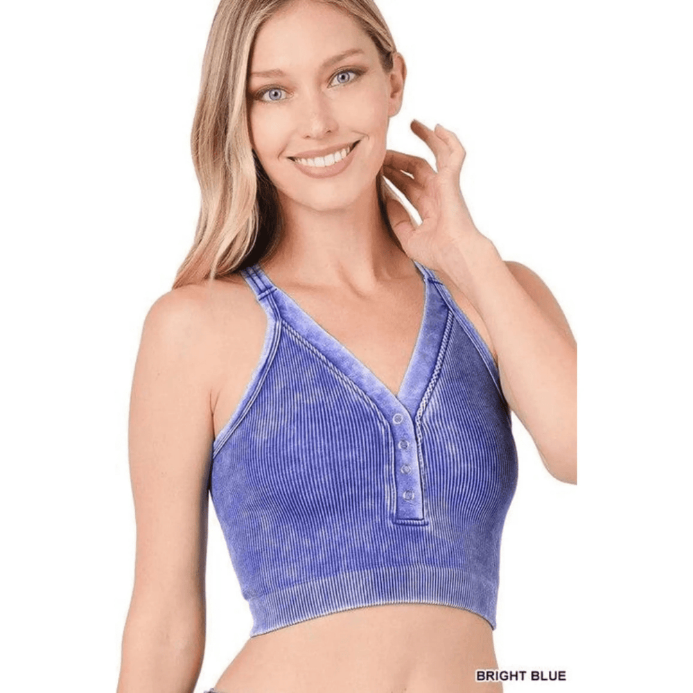 Washed Ribbed Cropped Button V - neck Tank Top - LECCE