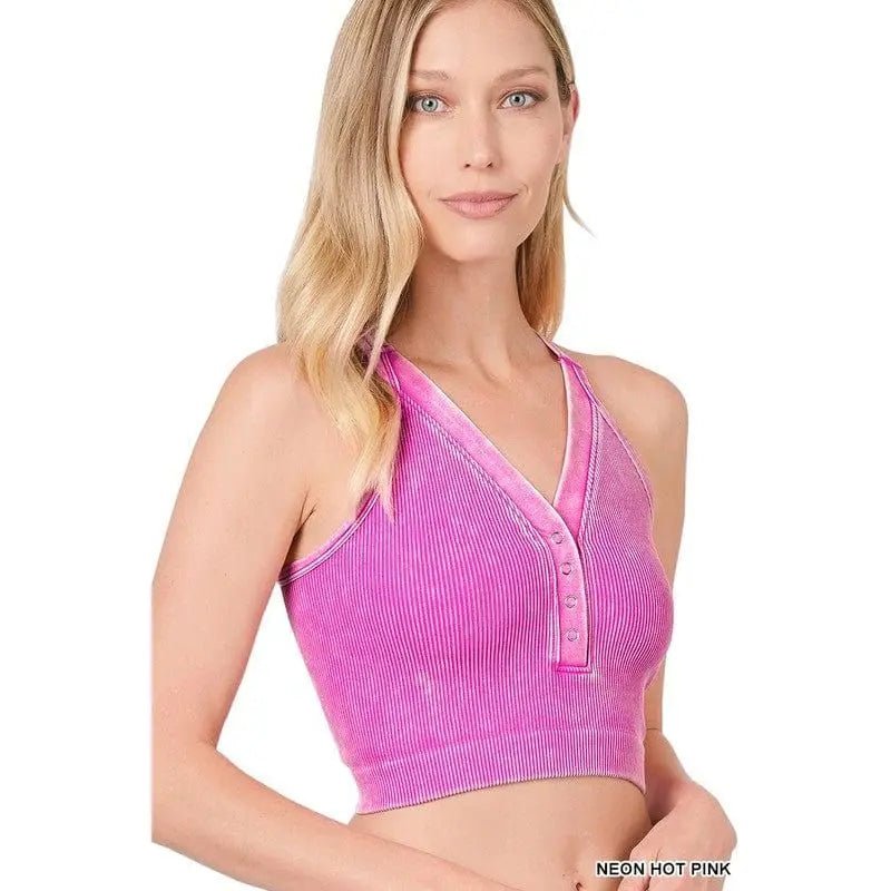 Washed Ribbed Cropped Button V - neck Tank Top - LECCE