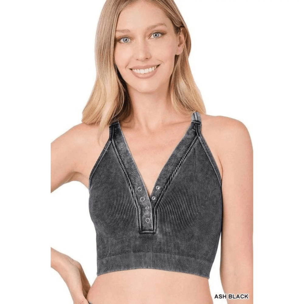 Washed Ribbed Cropped Button V - neck Tank Top - LECCE