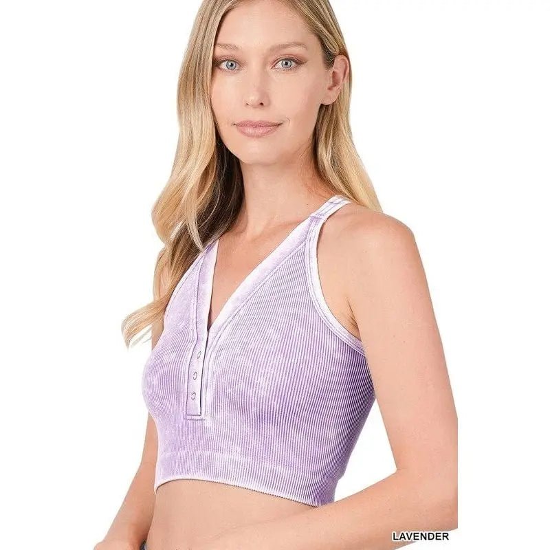 Washed Ribbed Cropped Button V - neck Tank Top - LECCE