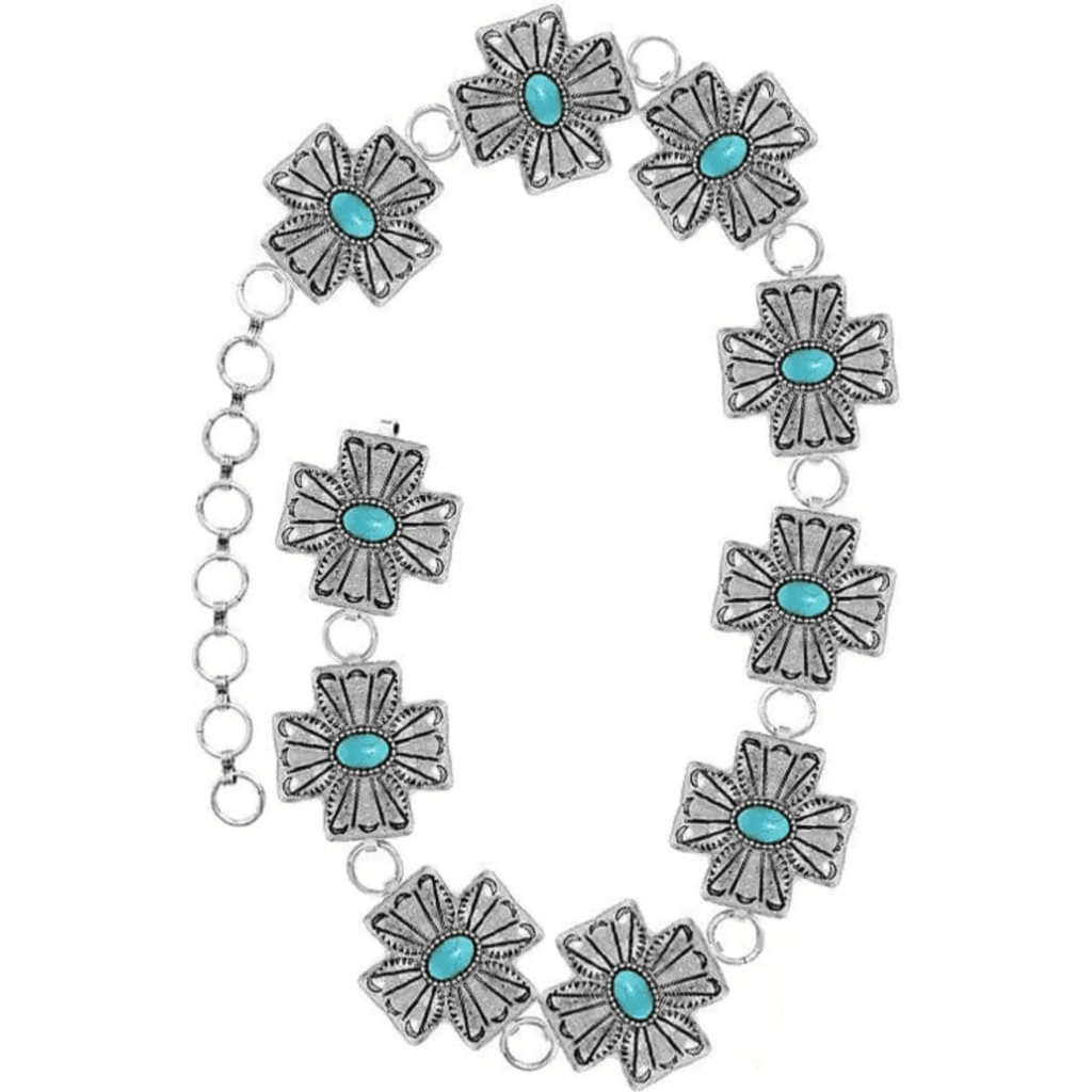 Cinturón de cadena de moda con piedras preciosas cruzadas aztecas occidentales