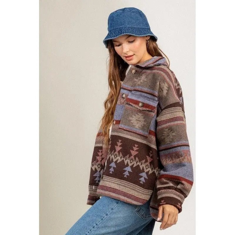 Women's Aztec Pattern Collared Jacket - Southwestern Button - Down Casual Coat - LECCE