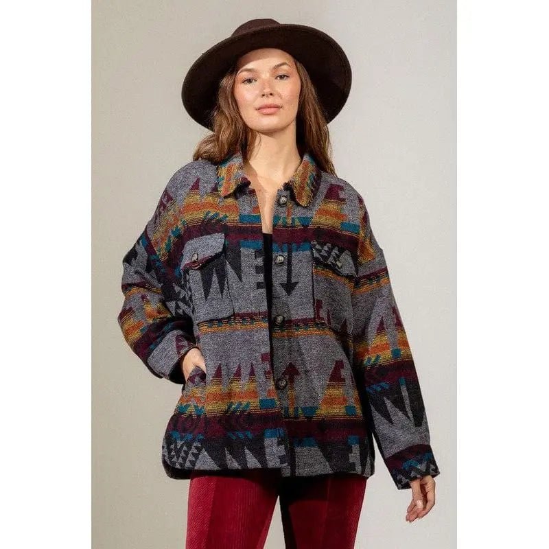 Women's Aztec Pattern Collared Jacket - Southwestern Button - Down Casual Coat - LECCE