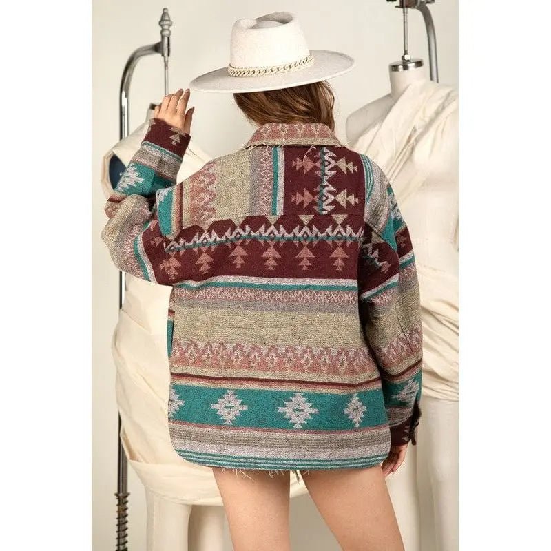 Women's Aztec Pattern Collared Jacket - Southwestern Button - Down Casual Coat - LECCE
