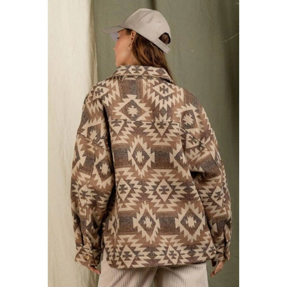 Women's Aztec Pattern Collared Jacket - Southwestern Button - Down Casual Coat - LECCE
