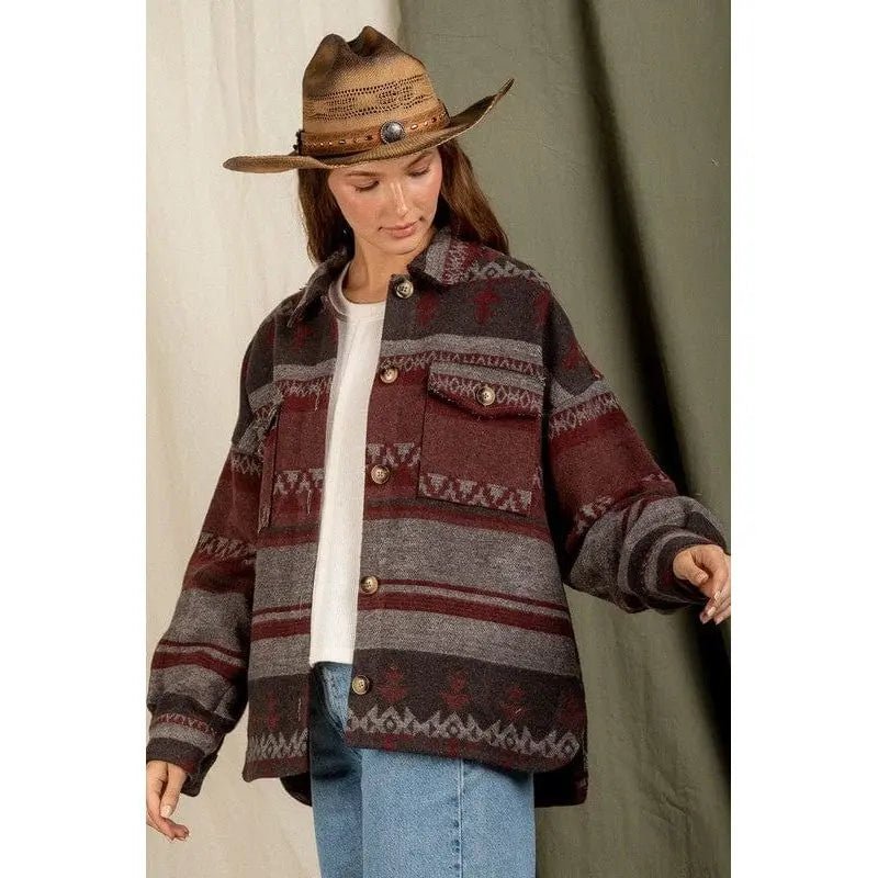 Women's Aztec Pattern Collared Jacket - Southwestern Button - Down Casual Coat - LECCE
